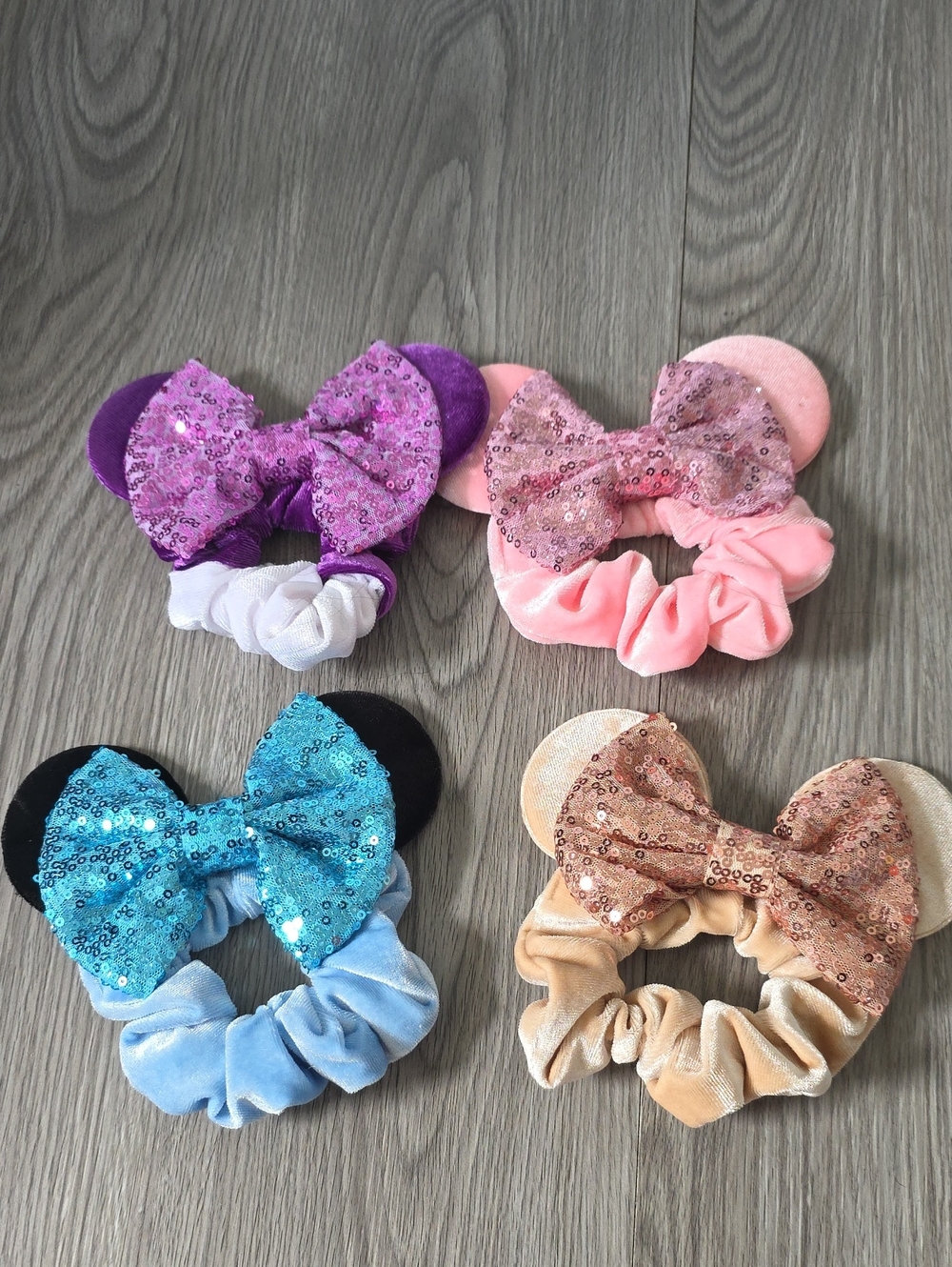 125 - T.J.Maxx Kids Sequin Mouse Ear Scrunchie Set - Purple, Pink, Blue, Gold